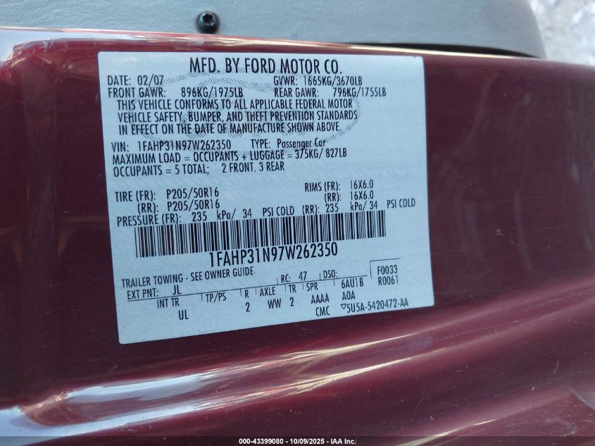 2007 Ford Focus S/Se/Ses VIN: 1FAHP31N97W262350 Lot: 43399080