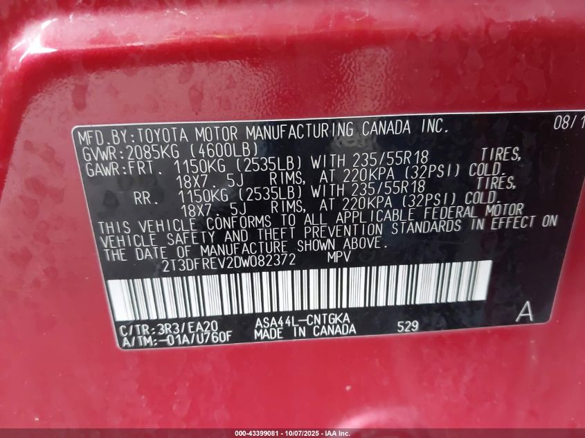 2013 Toyota Rav4 Limited VIN: 2T3DFREV2DW082372 Lot: 43399081