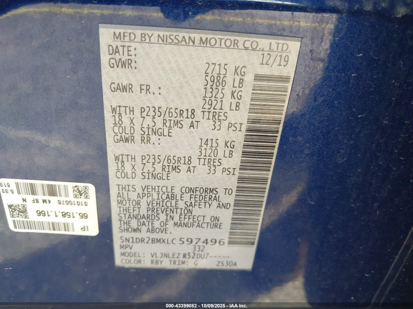 2020 NISSAN PATHFINDER SV 4WD 5N1DR2BMXLC597496