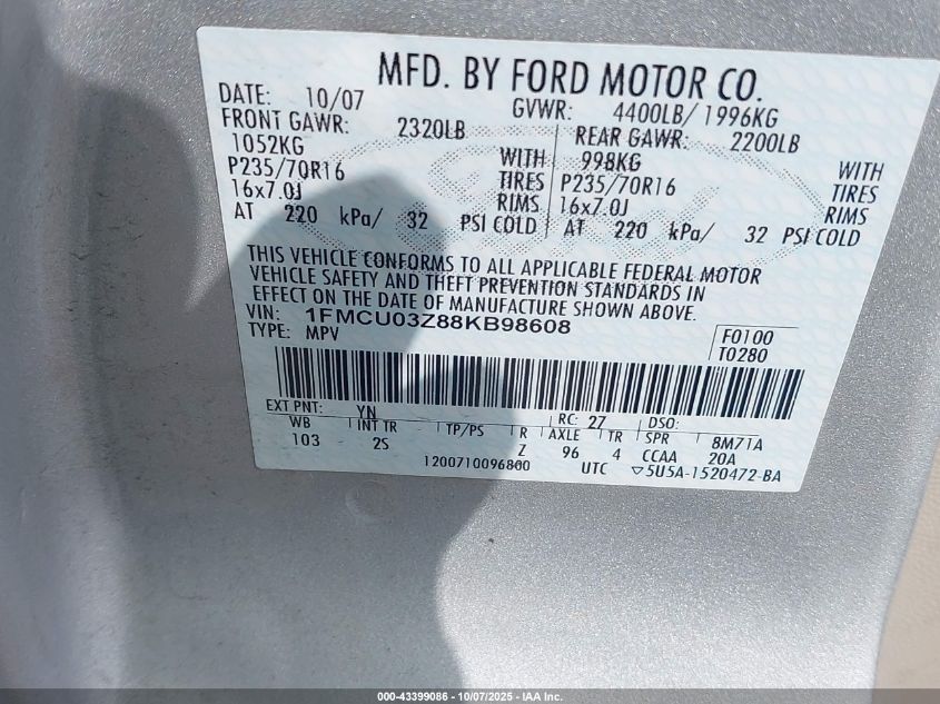 2008 Ford Escape Xlt VIN: 1FMCU03Z88KB98608 Lot: 43399086