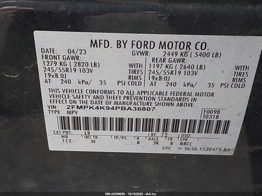 2023 Ford Edge Titanium VIN: 2FMPK4K94PBA36807 Lot: 43399095