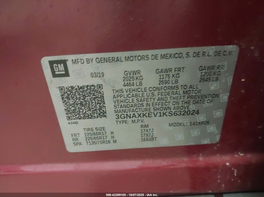 2019 Chevrolet Equinox Lt VIN: 3GNAXKEV1KS632024 Lot: 43399105
