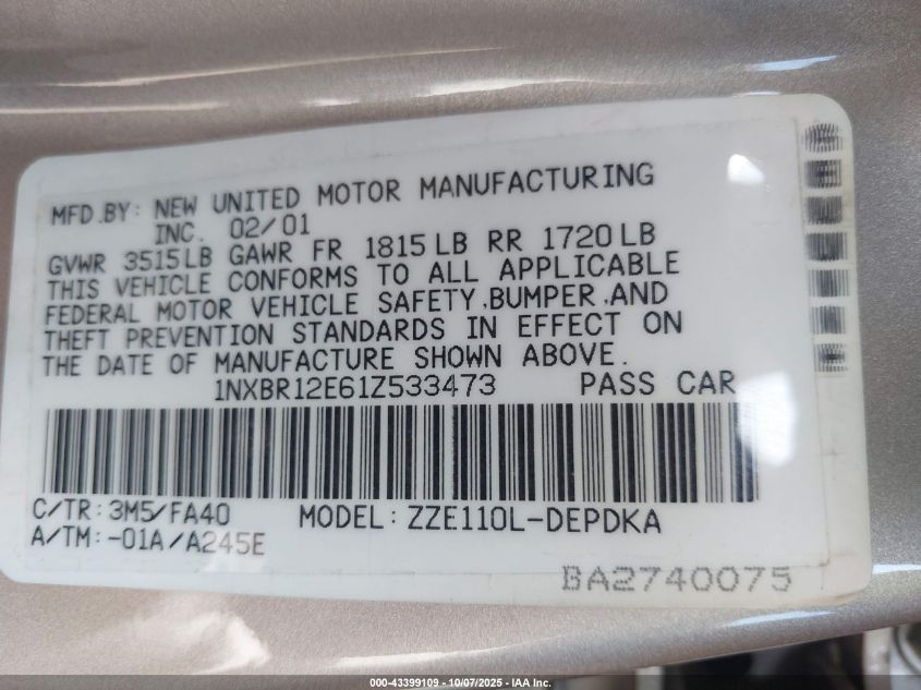 2001 Toyota Corolla Le VIN: 1NXBR12E61Z533473 Lot: 43399109