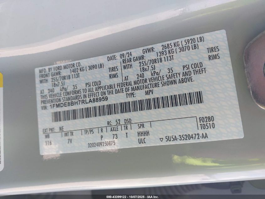 2024 Ford Bronco Outer Banks VIN: 1FMDE8BH7RLA88959 Lot: 43399122