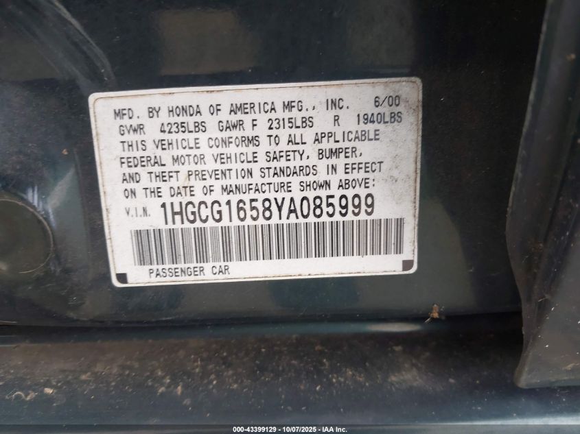 2000 Honda Accord 3.0 Ex VIN: 1HGCG1658YA085999 Lot: 43399129