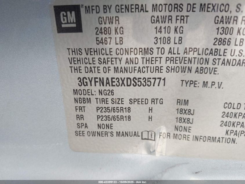 2013 Cadillac Srx Standard VIN: 3GYFNAE3XDS535771 Lot: 43399133