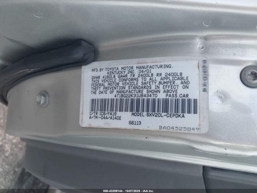 2001 Toyota Camry Ce VIN: 4T1BG22K31U843470 Lot: 43399144