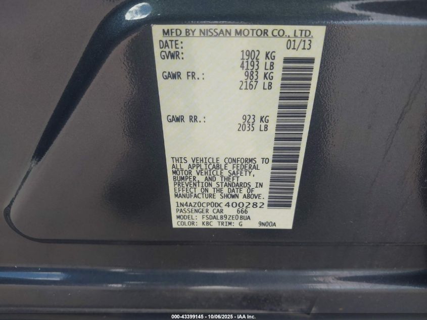 2013 Nissan Leaf S VIN: 1N4AZ0CP0DC400282 Lot: 43399145