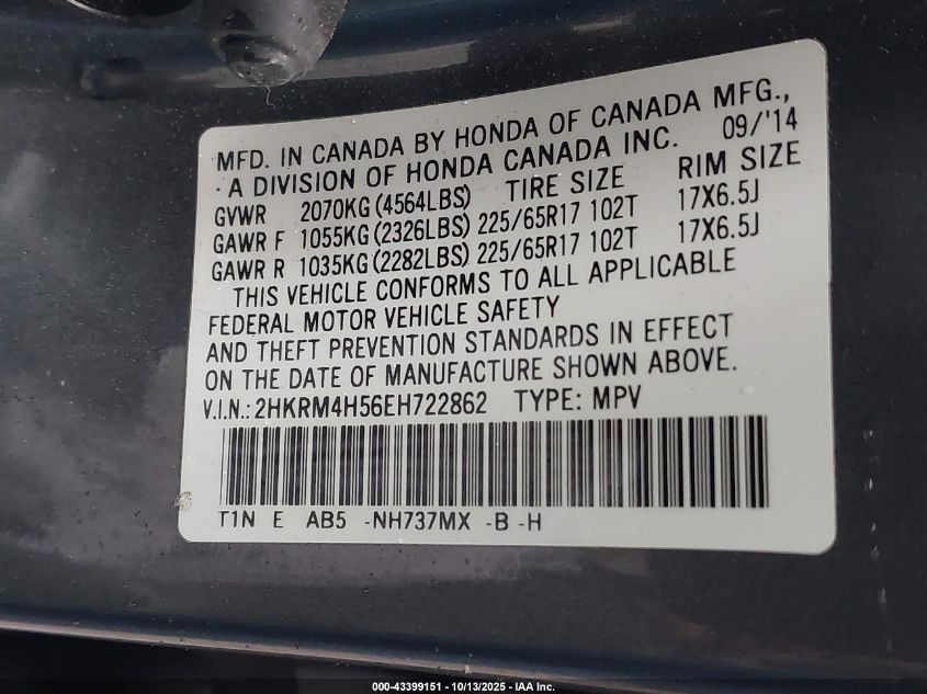 2014 Honda Cr-V Ex VIN: 2HKRM4H56EH722862 Lot: 43399151