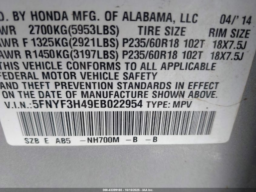 2014 Honda Pilot Ex VIN: 5FNYF3H49EB022954 Lot: 43399165