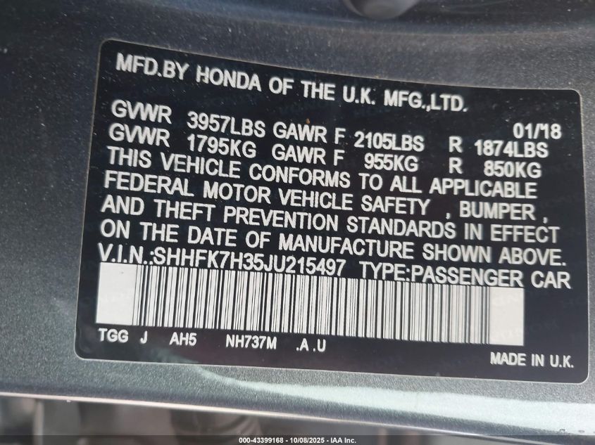 2018 Honda Civic Lx VIN: SHHFK7H35JU215497 Lot: 43399168