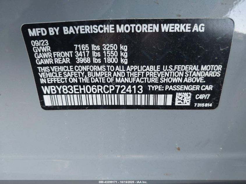 2024 BMW I7 M70 VIN: WBY83EH06RCP72413 Lot: 43399171