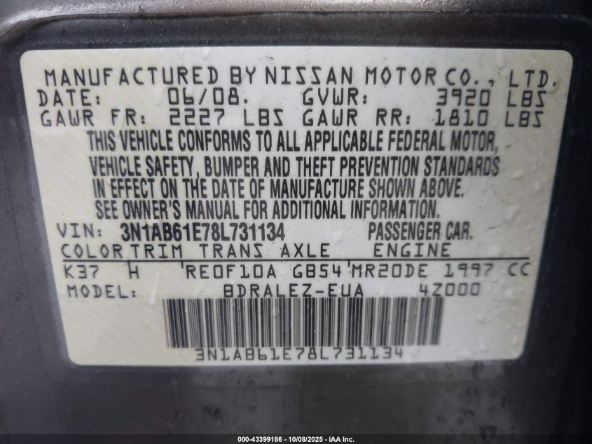 2008 Nissan Sentra 2.0S VIN: 3N1AB61E78L731134 Lot: 43399186