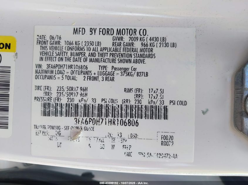 2017 Ford Fusion Se VIN: 3FA6P0H71HR106806 Lot: 43399192