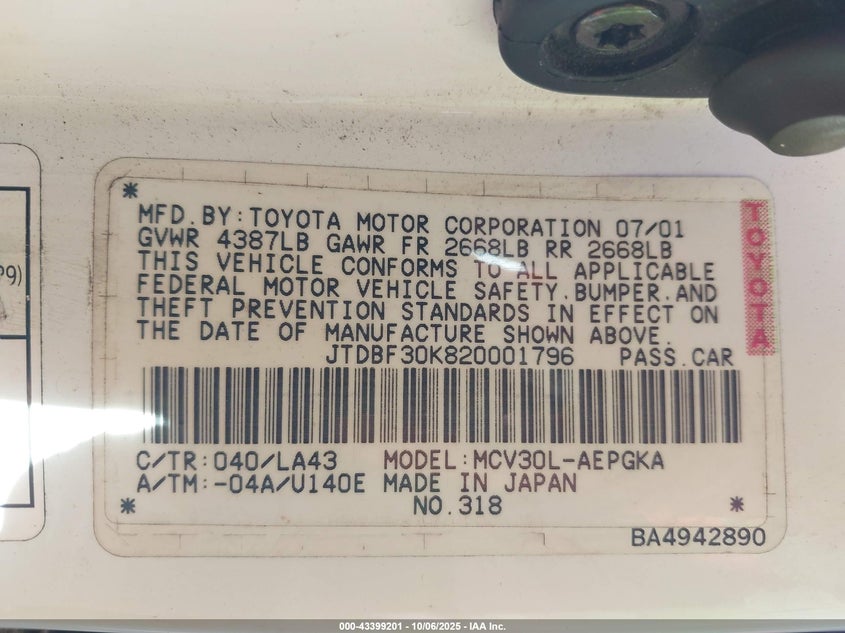 2002 Toyota Camry Xle V6 VIN: JTDBF30K820001796 Lot: 43399201