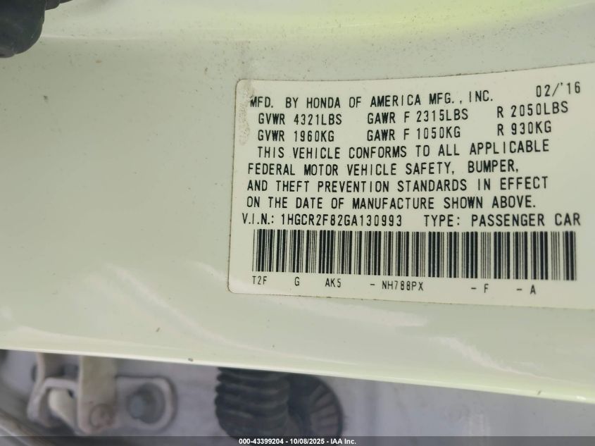 2016 Honda Accord Ex-L VIN: 1HGCR2F82GA130993 Lot: 43399204