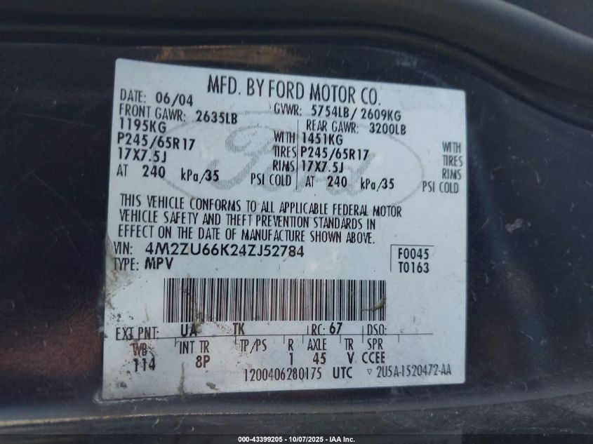 2004 Mercury Mountaineer VIN: 4M2ZU66K24ZJ52784 Lot: 43399205