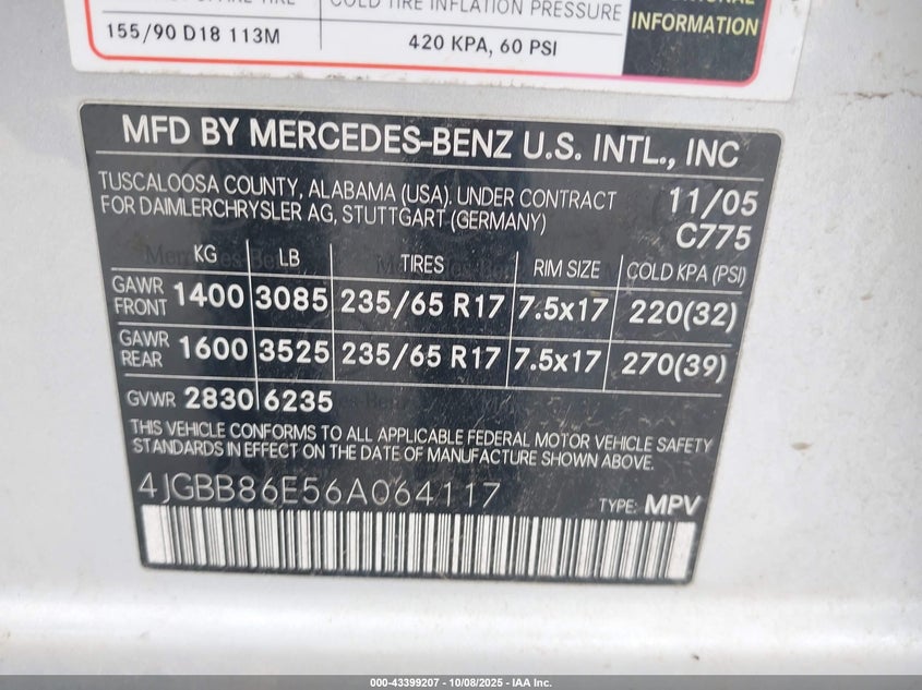 2006 Mercedes-Benz Ml 350 4Matic VIN: 4JGBB86E56A064117 Lot: 43399207