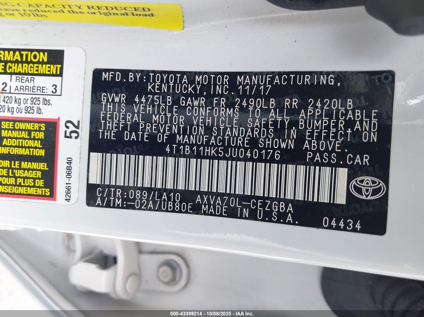 2018 Toyota Camry Xle VIN: 4T1B11HK5JU040176 Lot: 43399214