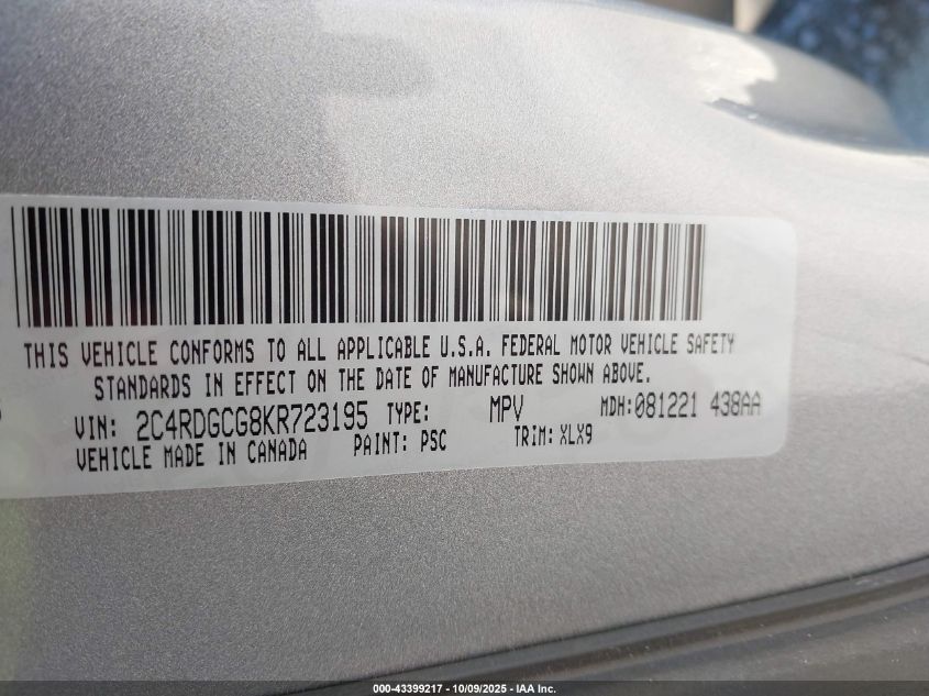 2019 Dodge Grand Caravan Sxt VIN: 2C4RDGCG8KR723195 Lot: 43399217