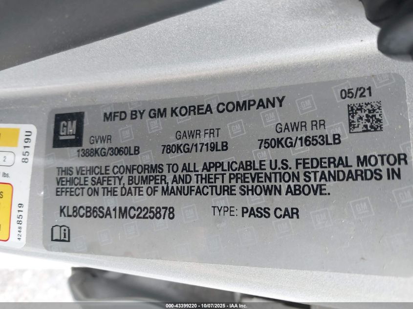 2021 Chevrolet Spark Fwd Ls Automatic VIN: KL8CB6SA1MC225878 Lot: 43399220