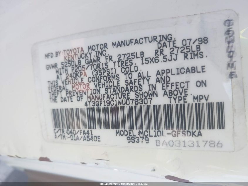 1998 Toyota Sienna Ce VIN: 4T3GF19C1WU078307 Lot: 43399228