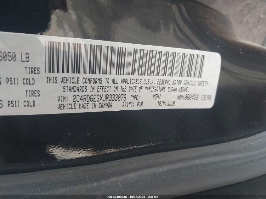 2018 Dodge Grand Caravan Gt VIN: 2C4RDGEGXJR333078 Lot: 43399236