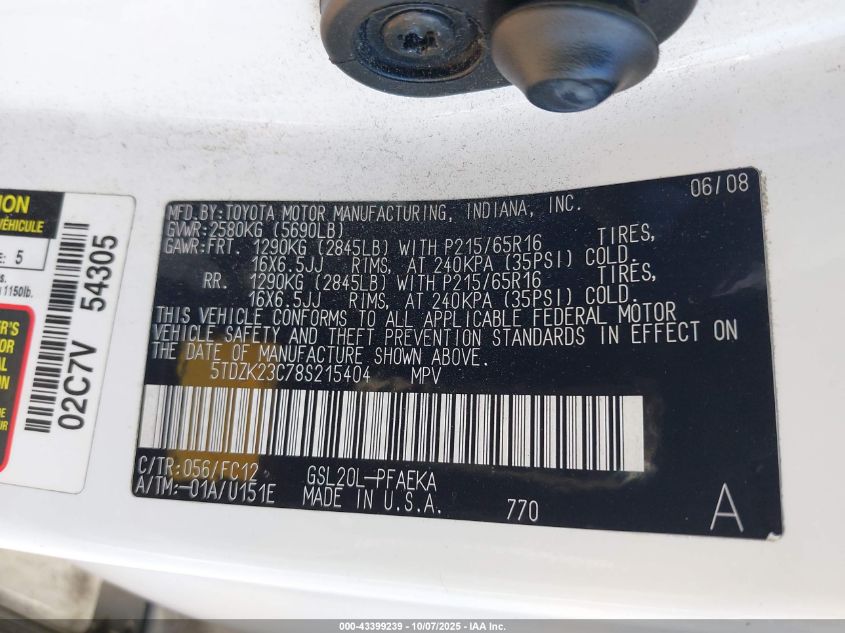 2008 Toyota Sienna Le VIN: 5TDZK23C78S215404 Lot: 43399239