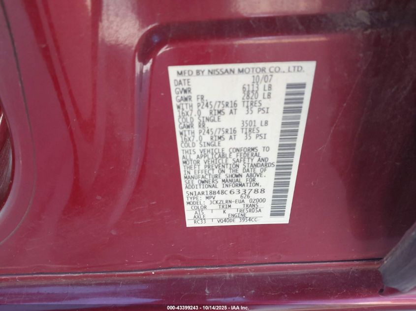 2008 Nissan Pathfinder S VIN: 5N1AR18B48C633788 Lot: 43399243