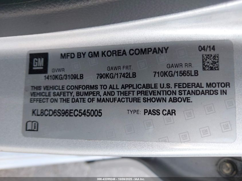 2014 Chevrolet Spark 1Lt Auto VIN: KL8CD6S96EC545005 Lot: 43399246