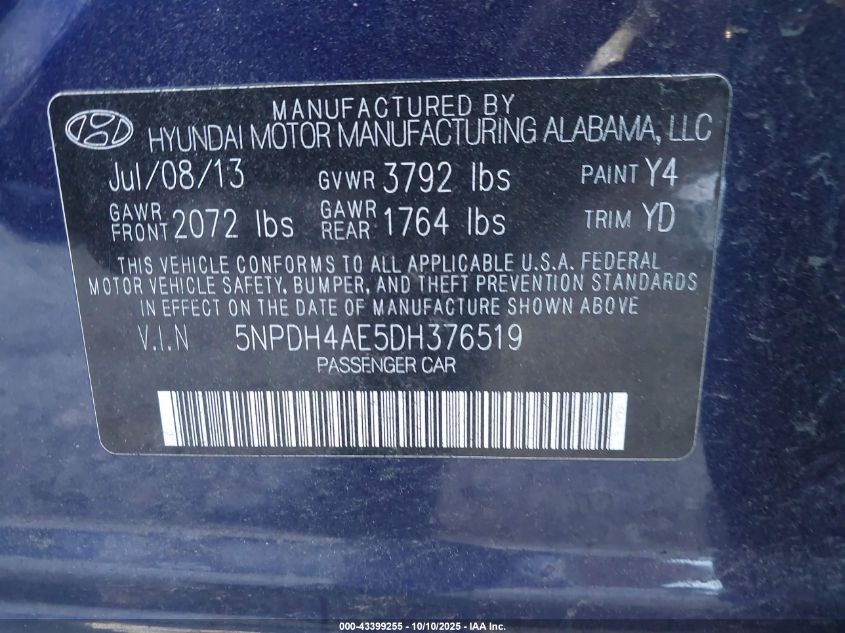 2013 Hyundai Elantra Gls VIN: 5NPDH4AE5DH376519 Lot: 43399255