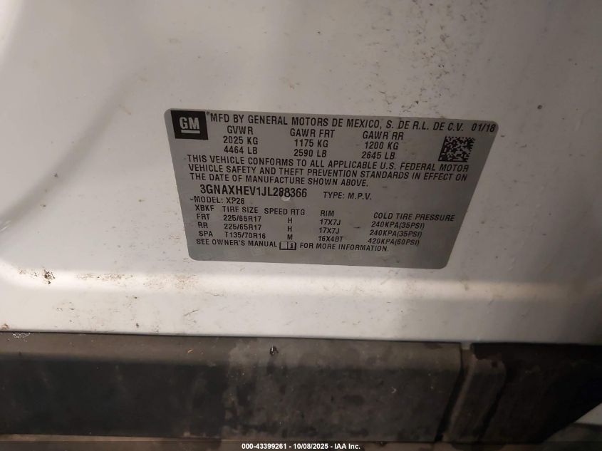 2018 Chevrolet Equinox Ls VIN: 3GNAXHEV1JL288366 Lot: 43399261