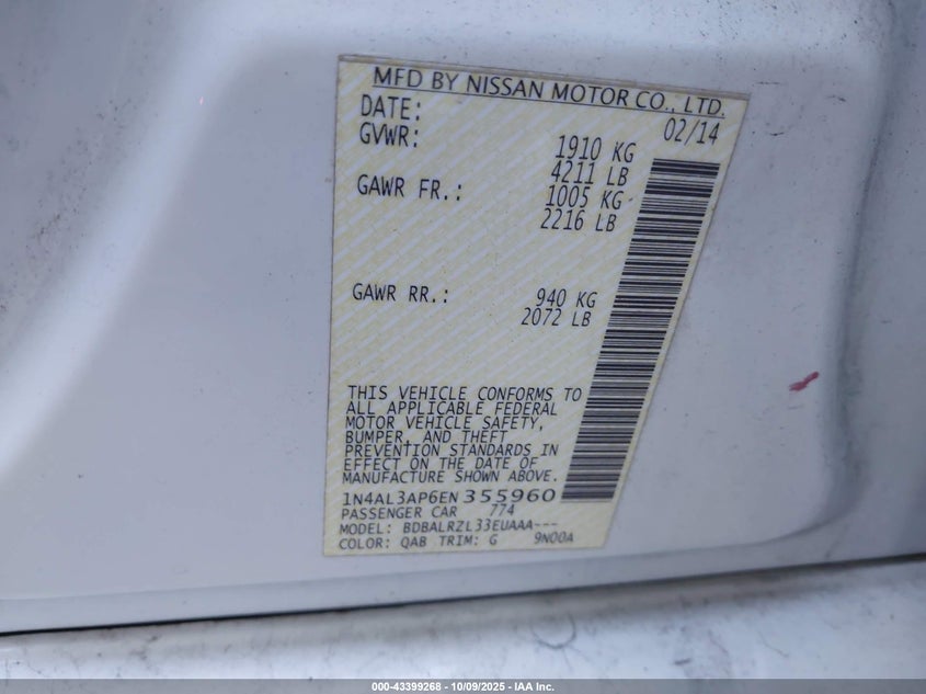 2014 NISSAN ALTIMA 2.5 S 1N4AL3AP6EN355960