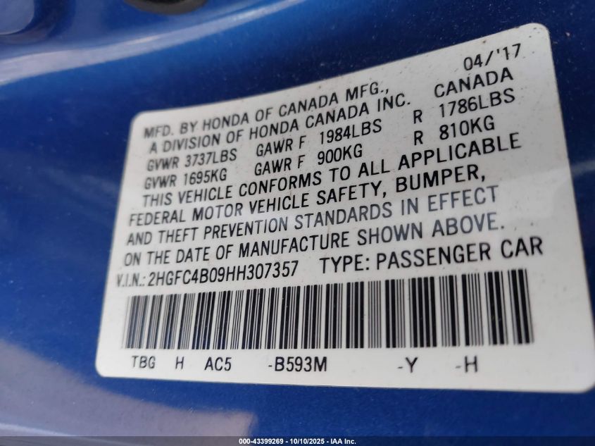 2017 Honda Civic Lx-P VIN: 2HGFC4B09HH307357 Lot: 43399269