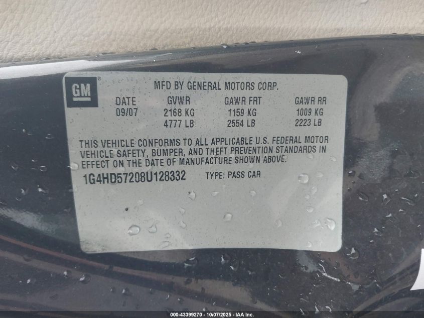 2008 Buick Lucerne Cxl VIN: 1G4HD57208U128332 Lot: 43399270