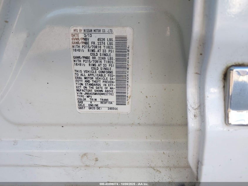 2013 Nissan Rogue S VIN: JN8AS5MVXDW637762 Lot: 43399274