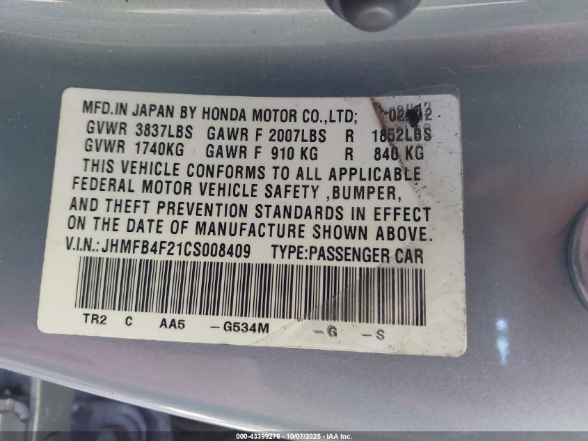 2012 Honda Civic Hybrid VIN: JHMFB4F21CS008409 Lot: 43399276