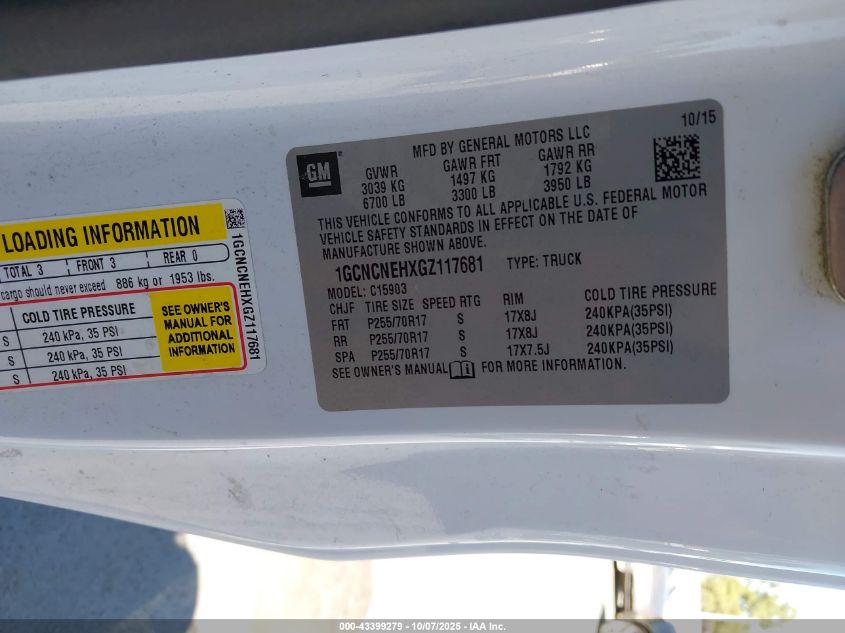 2016 Chevrolet Silverado 1500 Wt VIN: 1GCNCNEHXGZ117681 Lot: 43399279