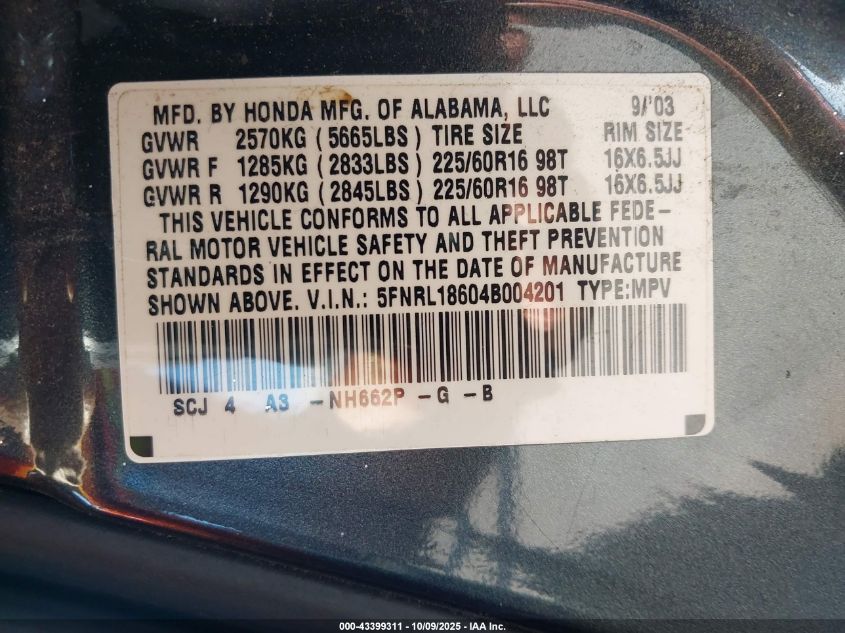 2004 Honda Odyssey Ex VIN: 5FNRL18604B004201 Lot: 43399311