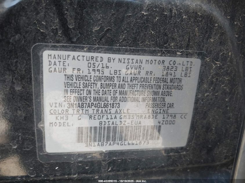 2016 Nissan Sentra Fe+ S/S/Sl/Sr/Sv VIN: 3N1AB7AP4GL661873 Lot: 43399315