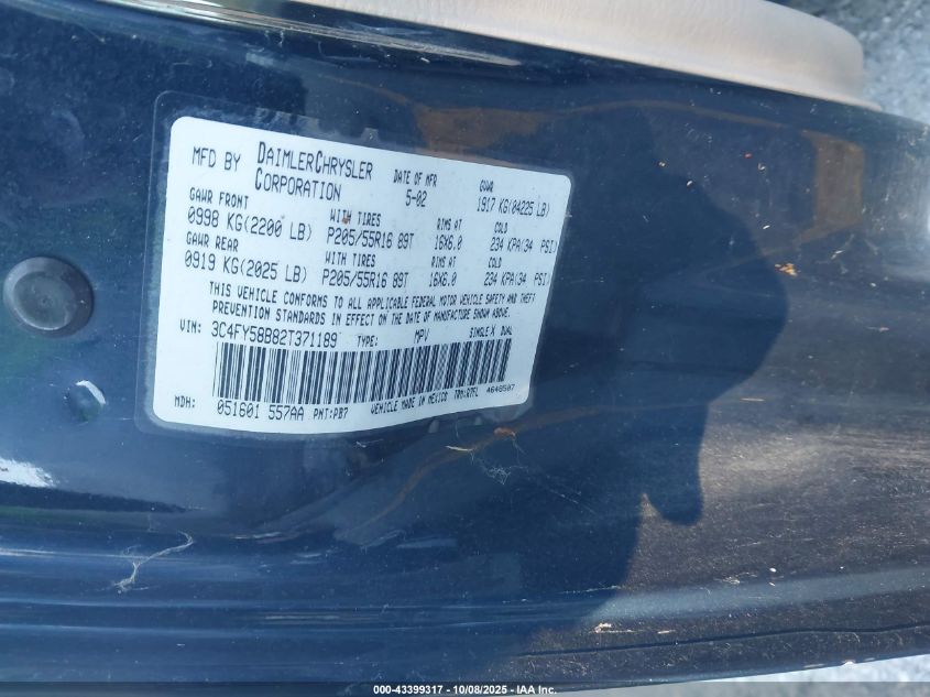 2002 Chrysler Pt Cruiser Touring VIN: 3C4FY58B82T371189 Lot: 43399317