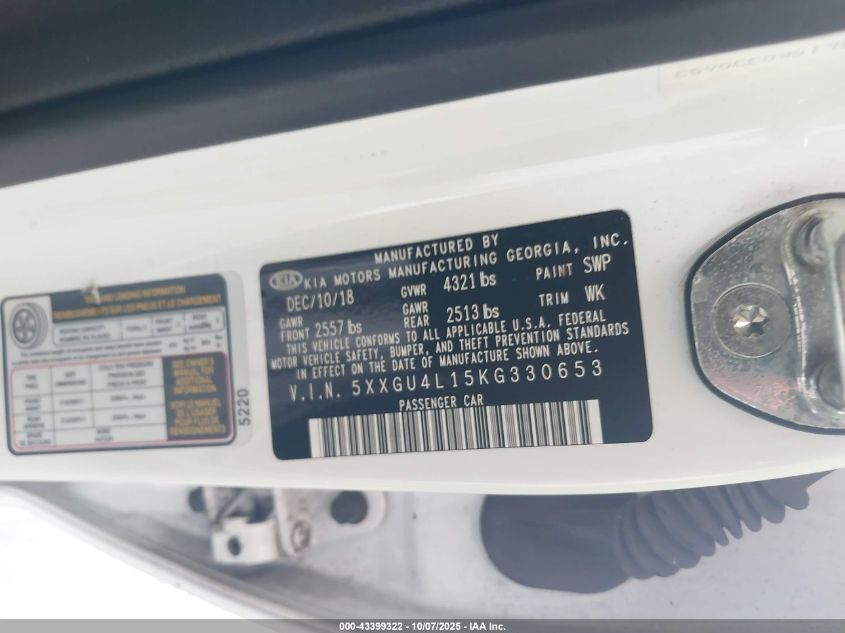 2019 Kia Optima Ex VIN: 5XXGU4L15KG330653 Lot: 43399322