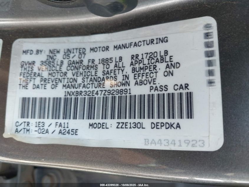 2007 Toyota Corolla Ce VIN: 1NXBR32E47Z929891 Lot: 43399328