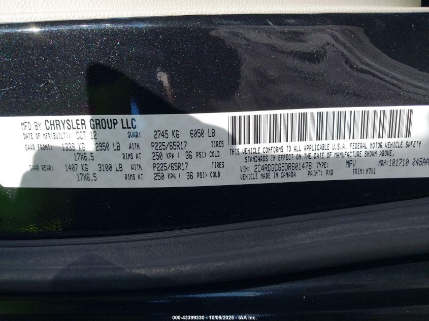 2013 Dodge Grand Caravan Sxt VIN: 2C4RDGCG5DR601476 Lot: 43399330