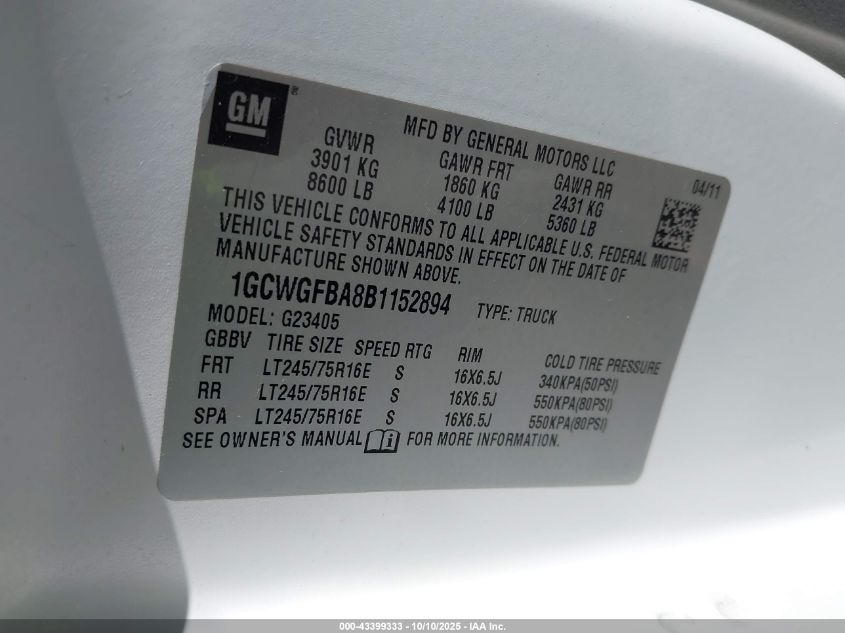 2011 Chevrolet Express 2500 Work Van VIN: 1GCWGFBA8B1152894 Lot: 43399333