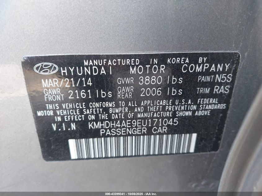 2014 Hyundai Elantra Se VIN: KMHDH4AE9EU171045 Lot: 43399341