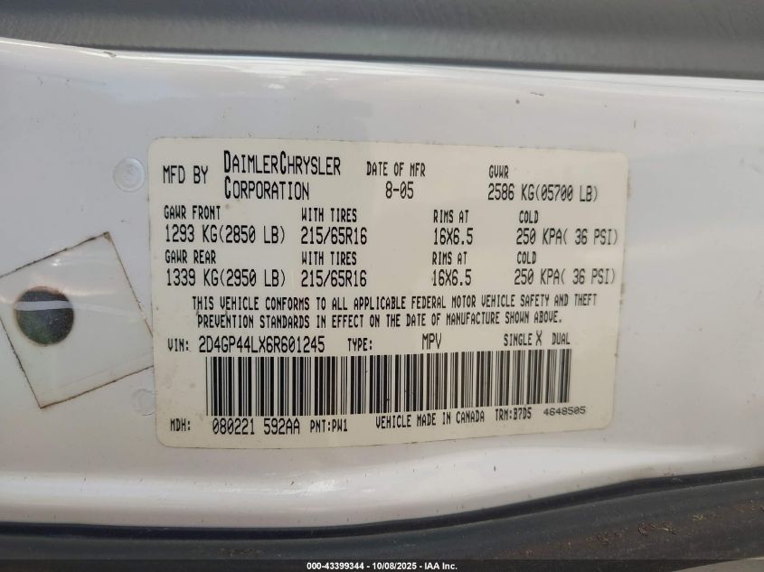 2006 Dodge Grand Caravan Sxt VIN: 2D4GP44LX6R601245 Lot: 43399344