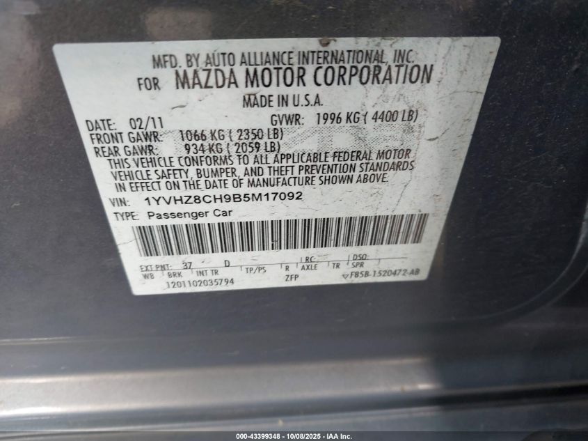 2011 Mazda Mazda6 I Touring VIN: 1YVHZ8CH9B5M17092 Lot: 43399348