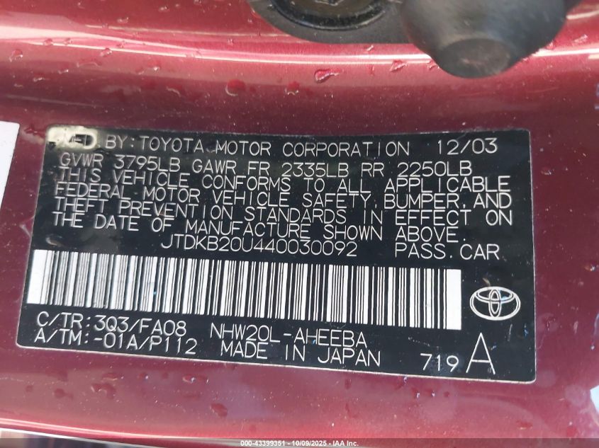 2004 Toyota Prius VIN: JTDKB20U440030092 Lot: 43399351