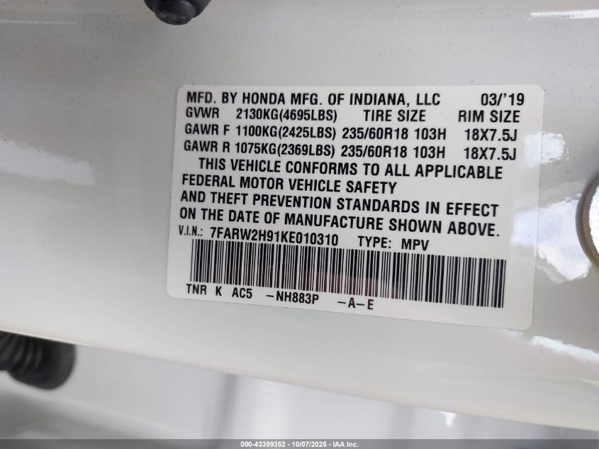 2019 Honda Cr-V Touring VIN: 7FARW2H91KE010310 Lot: 43399352